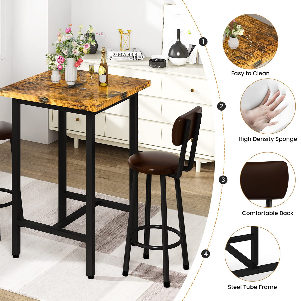 3 Piece Pub Dining Set, Modern bar Table and Stools for 2 Kitchen Counter