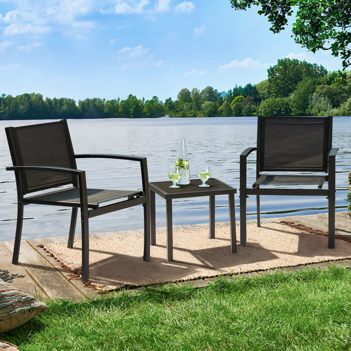 3 Pieces Patio Furniture Outdoor Bistro Set Textilene Fabric Chairs