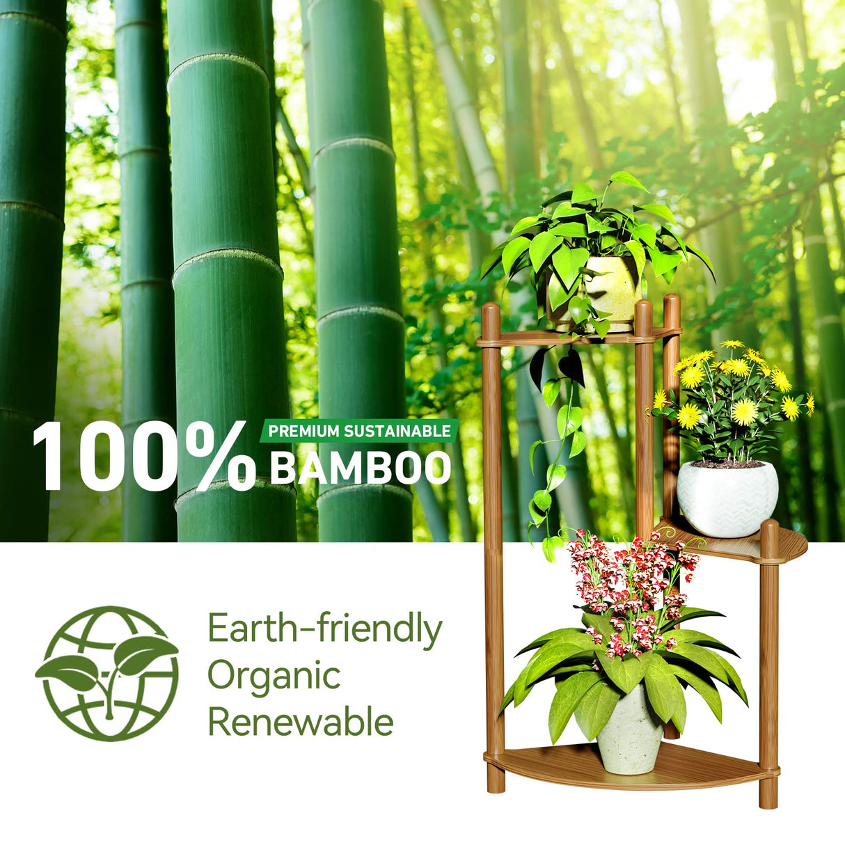 Enisudo 3-Tier Bamboo Plant Stand, Natural Rattan & Walnut Finish