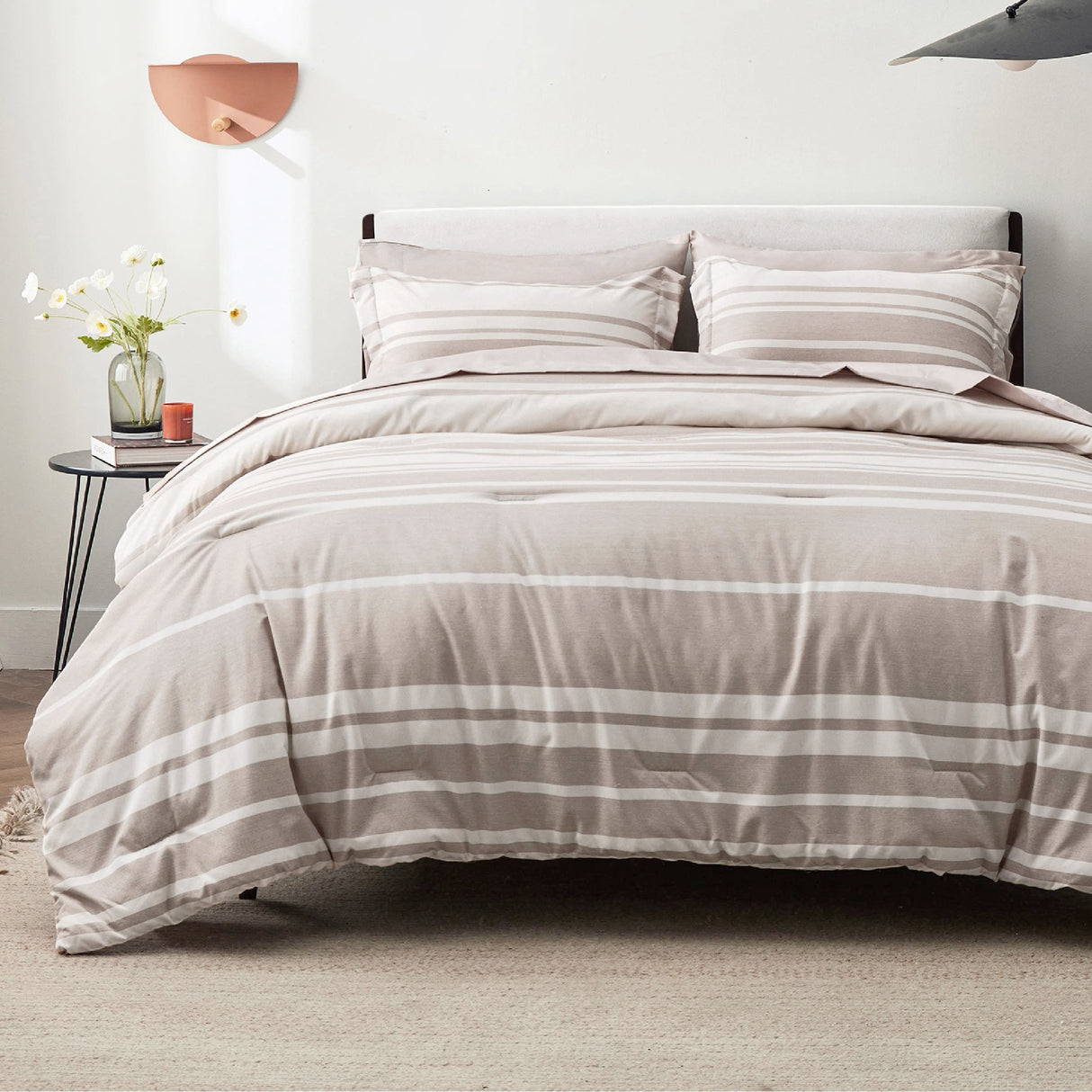 Bed in a Bag Twin Size 5 Pieces, Khaki White Striped Bedding Comforter Sets All Season Bed Set