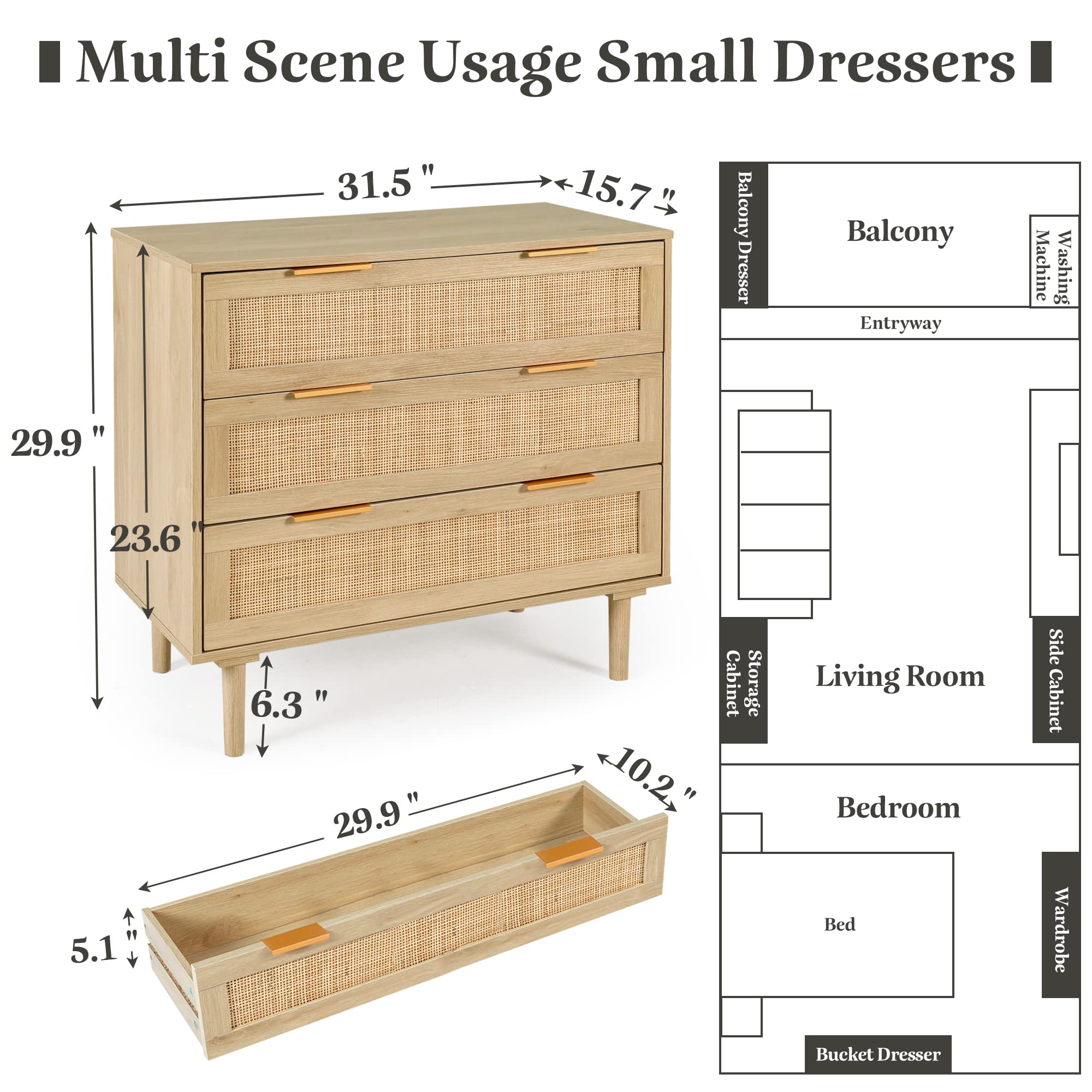 3 Drawer Dresser for Bedroom, Rattan Dresser Modern Closet Dressers Chest of Drawers