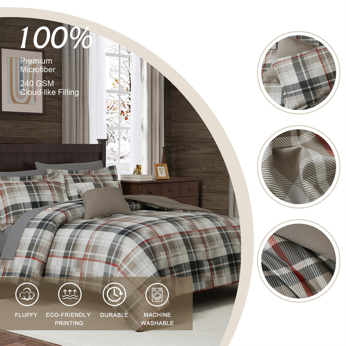 Queen Comforter Set, Plaid Design Comforter Set 7 Pieces