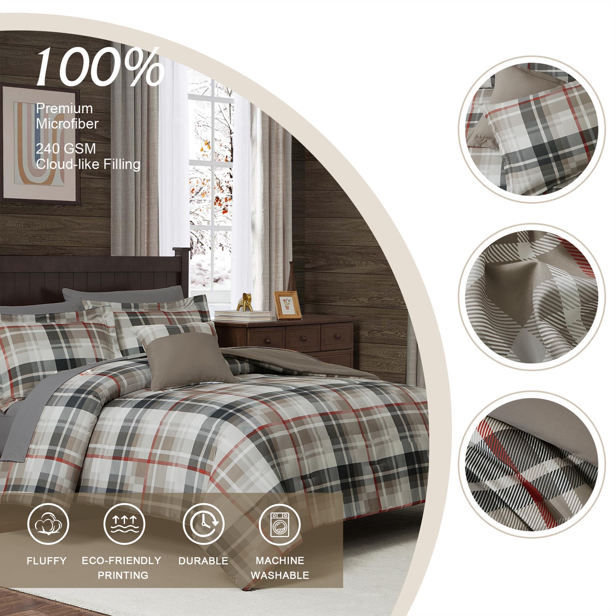 Queen Comforter Set, Plaid Design Comforter Set 7 Pieces