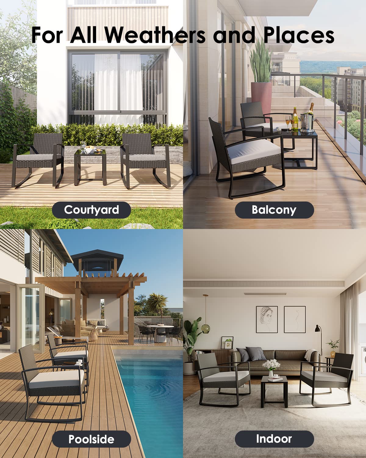 3 Pieces Wicker Patio Furniture Set, Modern Rocking Conversation Set