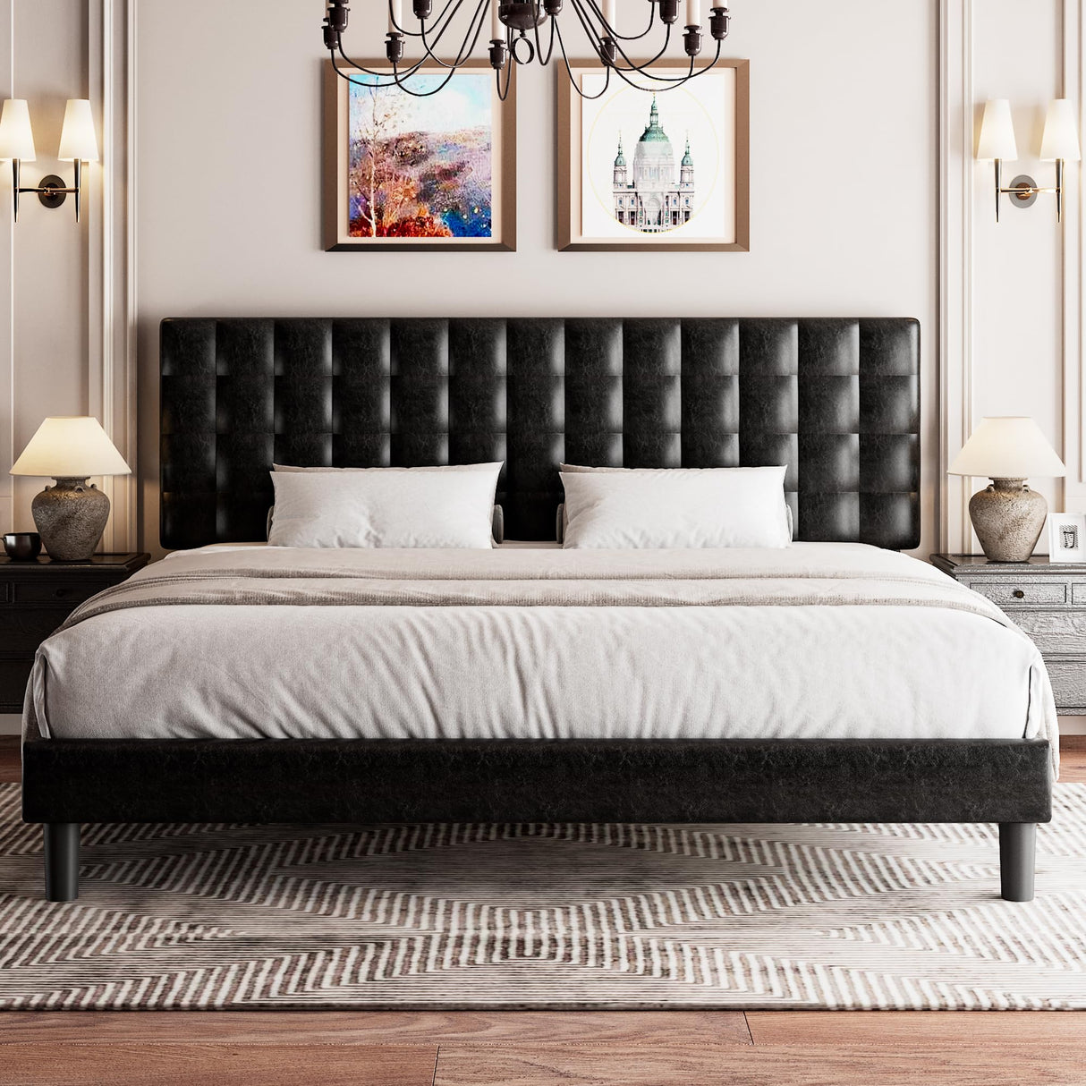 King Size Bed Frame with Square Stitched Headboard, Faux Leather