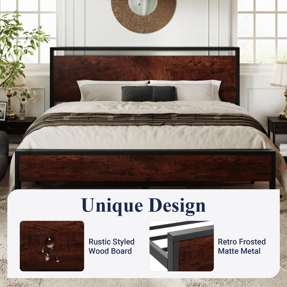 King Size Platform Bed Frame with Wooden Headboard and Footboard