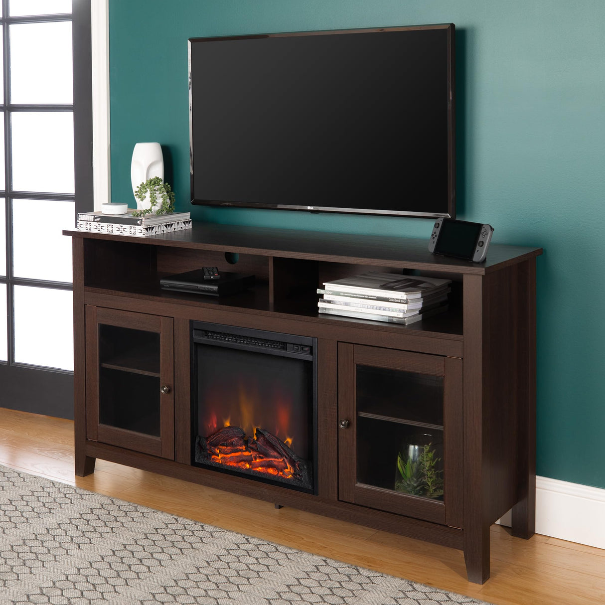 Glass Door Highboy Fireplace TV Stand for TVs up to 65