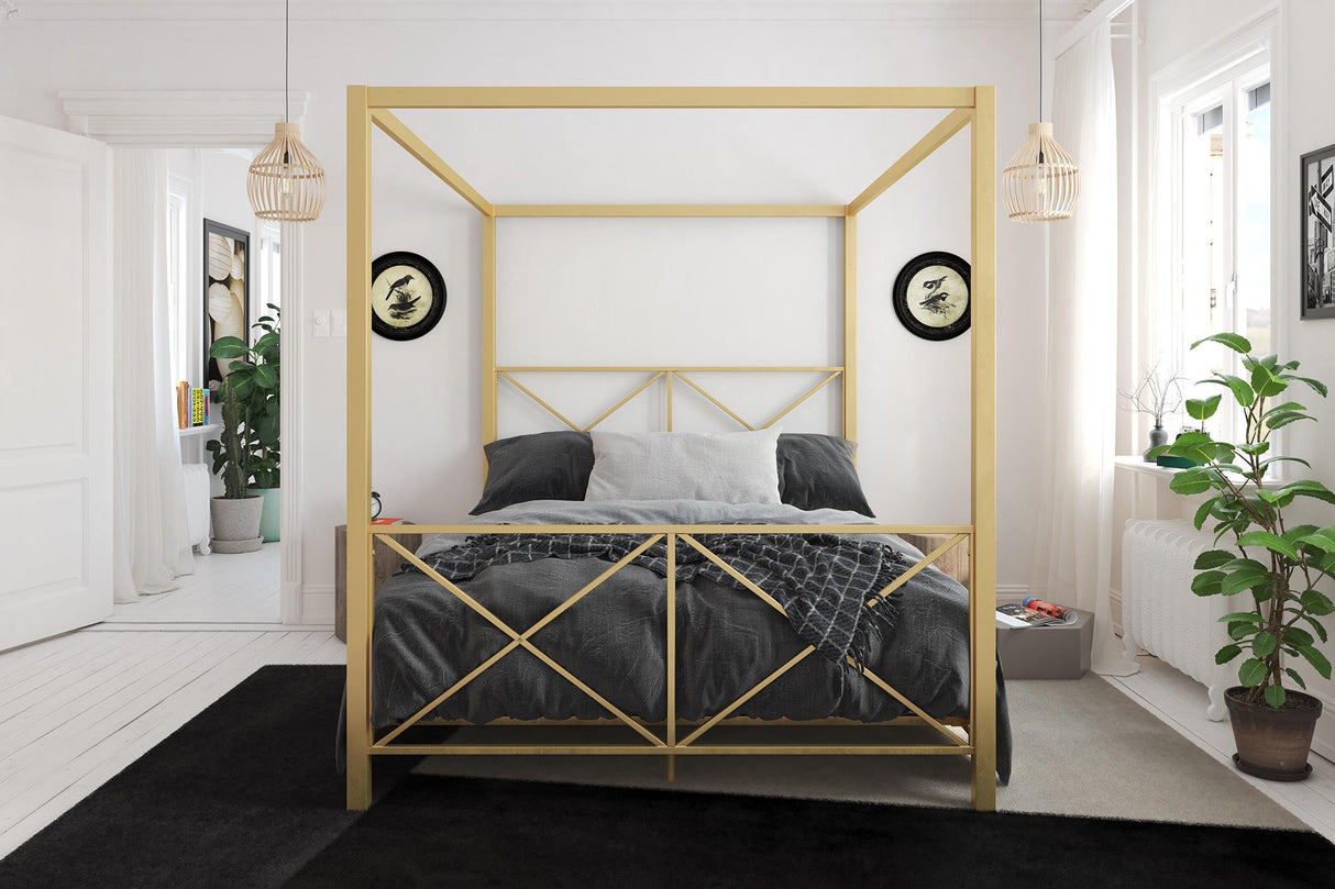 Rosedale Metal Canopy Bed Frame with Four Poster Design and Geometric Accented Headboard