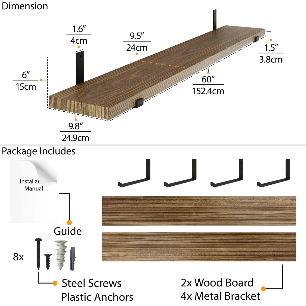 Forte 60"x9.5" Floating Shelves for Wall Storage, Wall Bookshelf, Wall Shelves