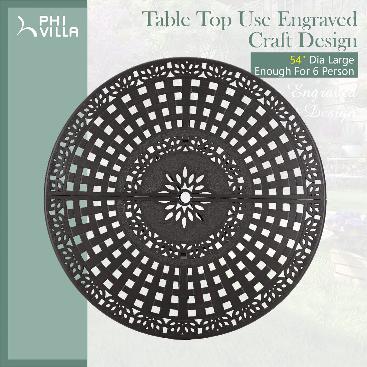 Cast Round Tables for 6 Person, 54" Dia Engraved Cast-Top Table
