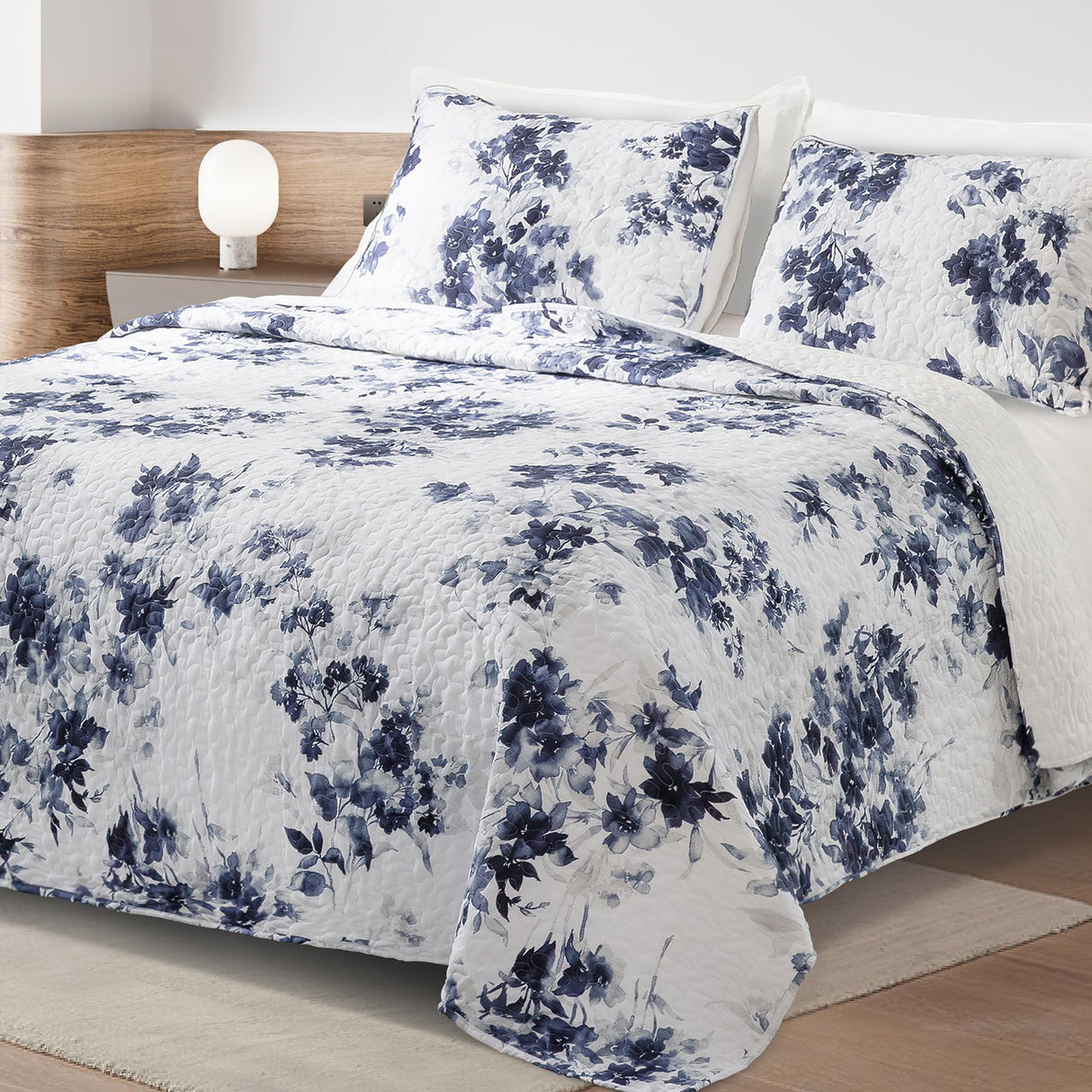 Cotton Quilt Set Queen Size Floral Quilts Navy Blue & White Bedding Sets, 3 Piece