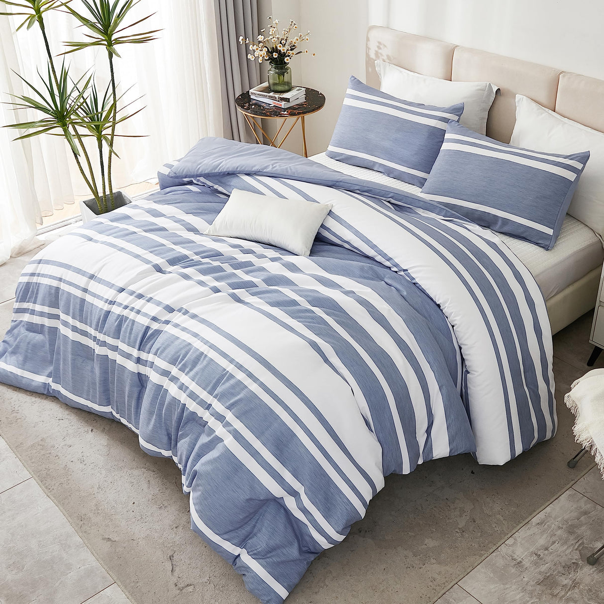 3 Pieces Striped Summer Bedding Sets, Reversible Soft Lightweight