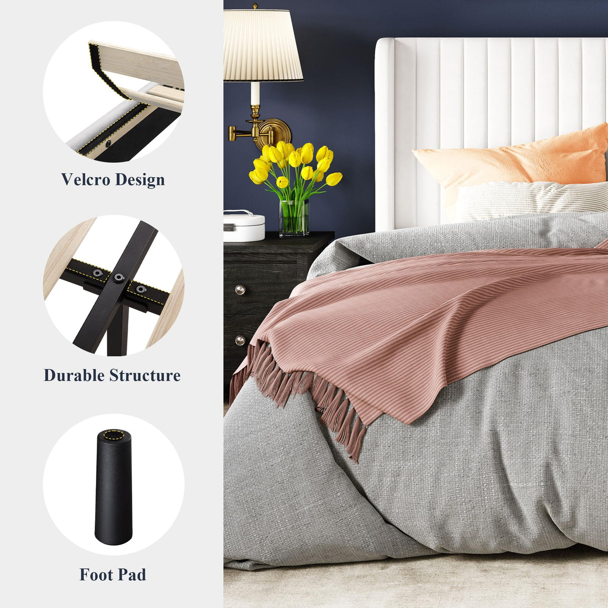 Queen Size Velvet Bed Frame/Vertical Channel Tufted Wingback Headboard/Upholstered