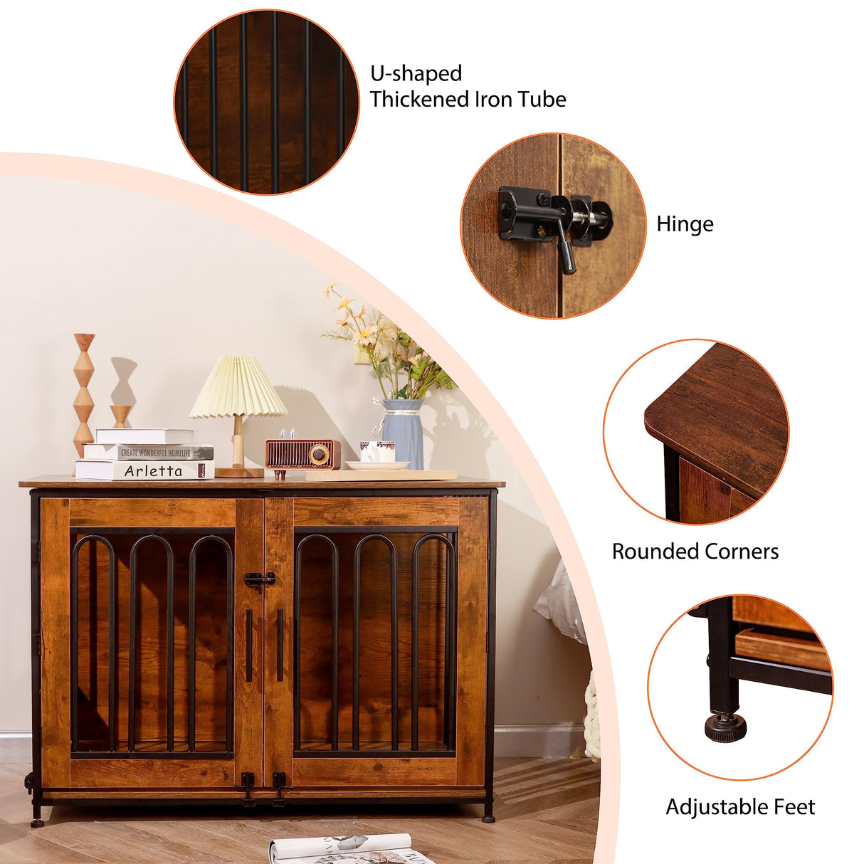 Dog Crate Furniture, 39.37" Double Doors Wooden Dog Kennel End Table, Indoor Dog House