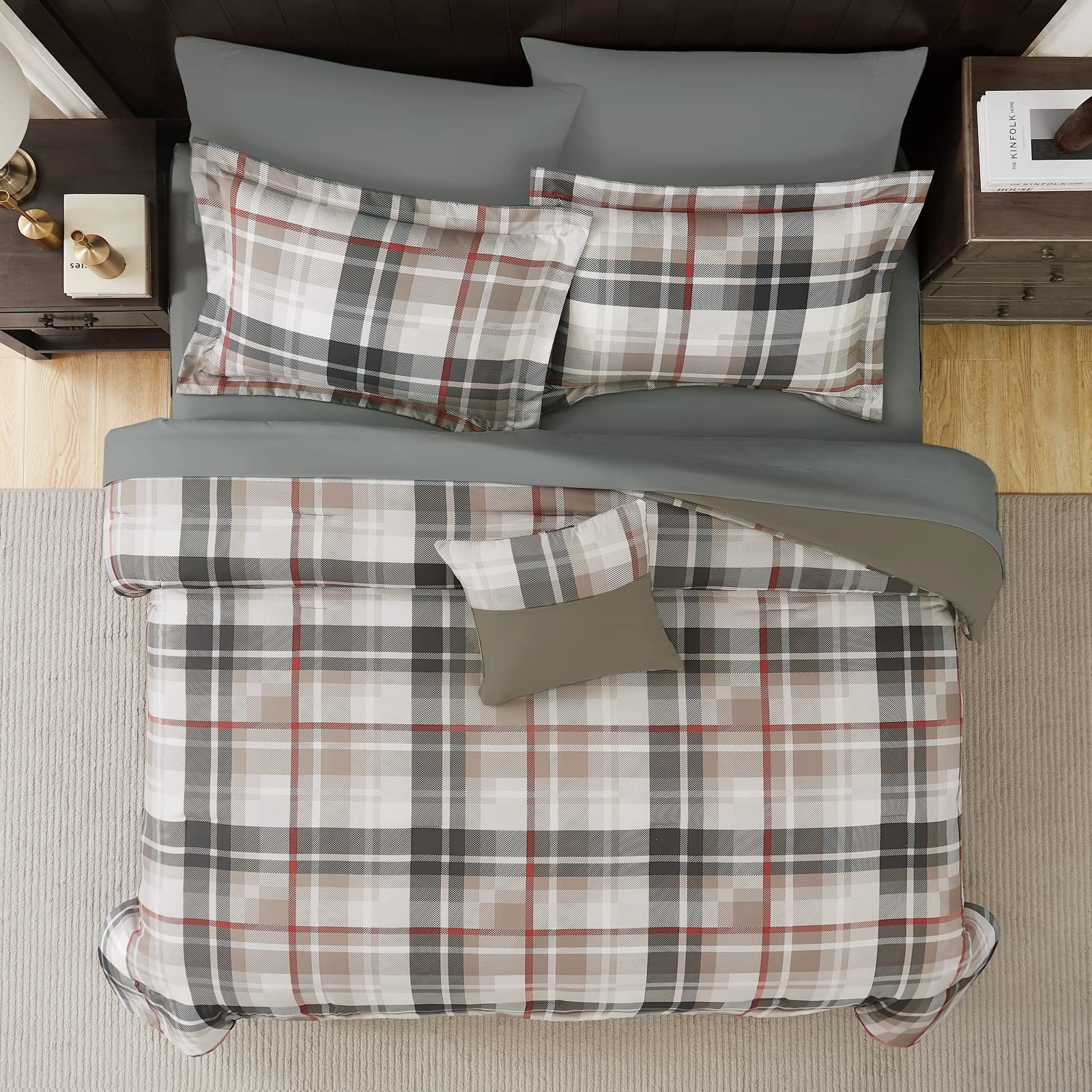 Queen Comforter Set, Plaid Design Comforter Set 7 Pieces