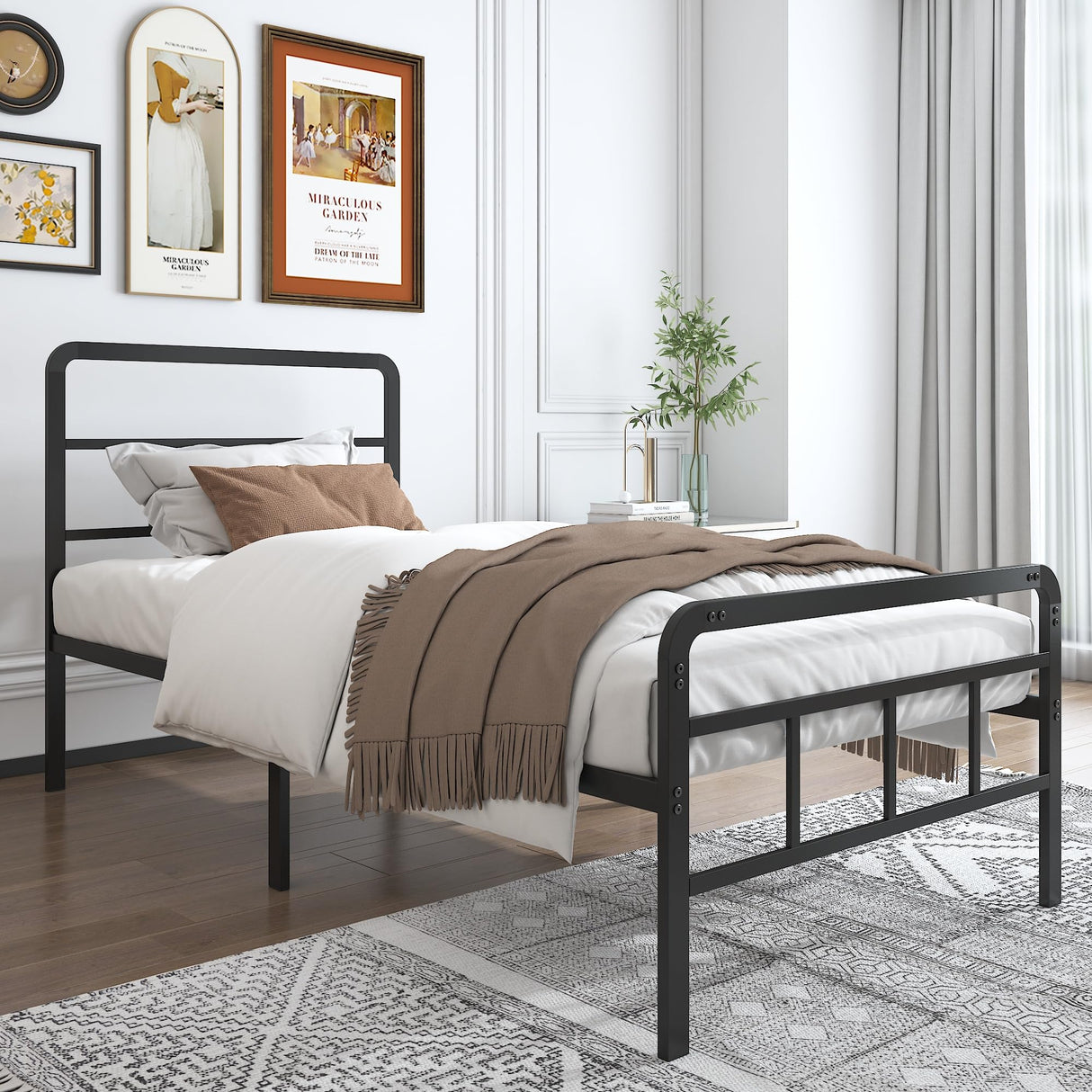 Twin Size Metal Bed Frame with Headboard and Footboard, 14 Inch Black Heavy Duty Mattress Foundation