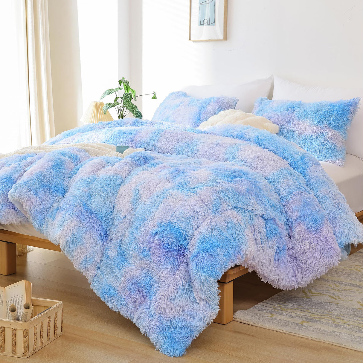 Faux Fur Comforter Queen Comforter Set Plush Comforter Tie-Dyed Colorful Blue