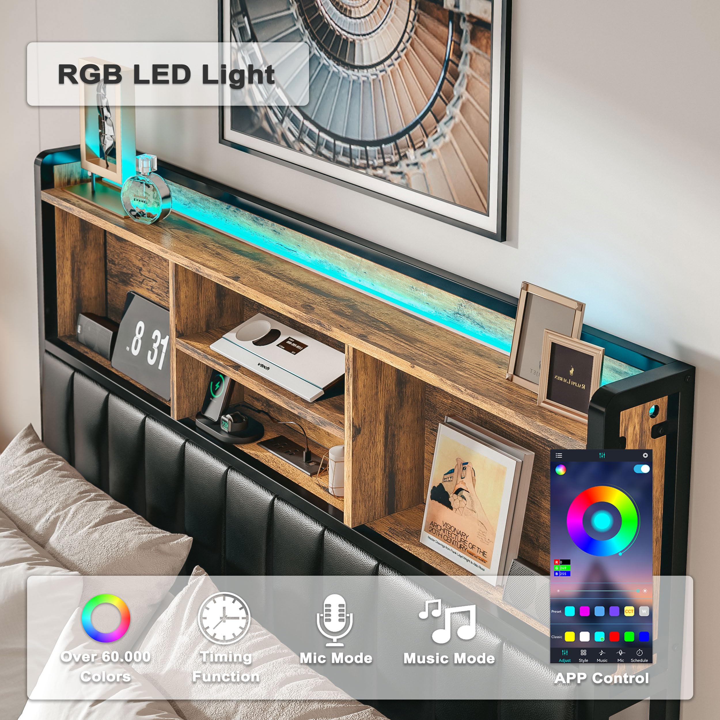 Queen Bed Frame with Upholstered Headboard and LED Light, Strong Platform Bed