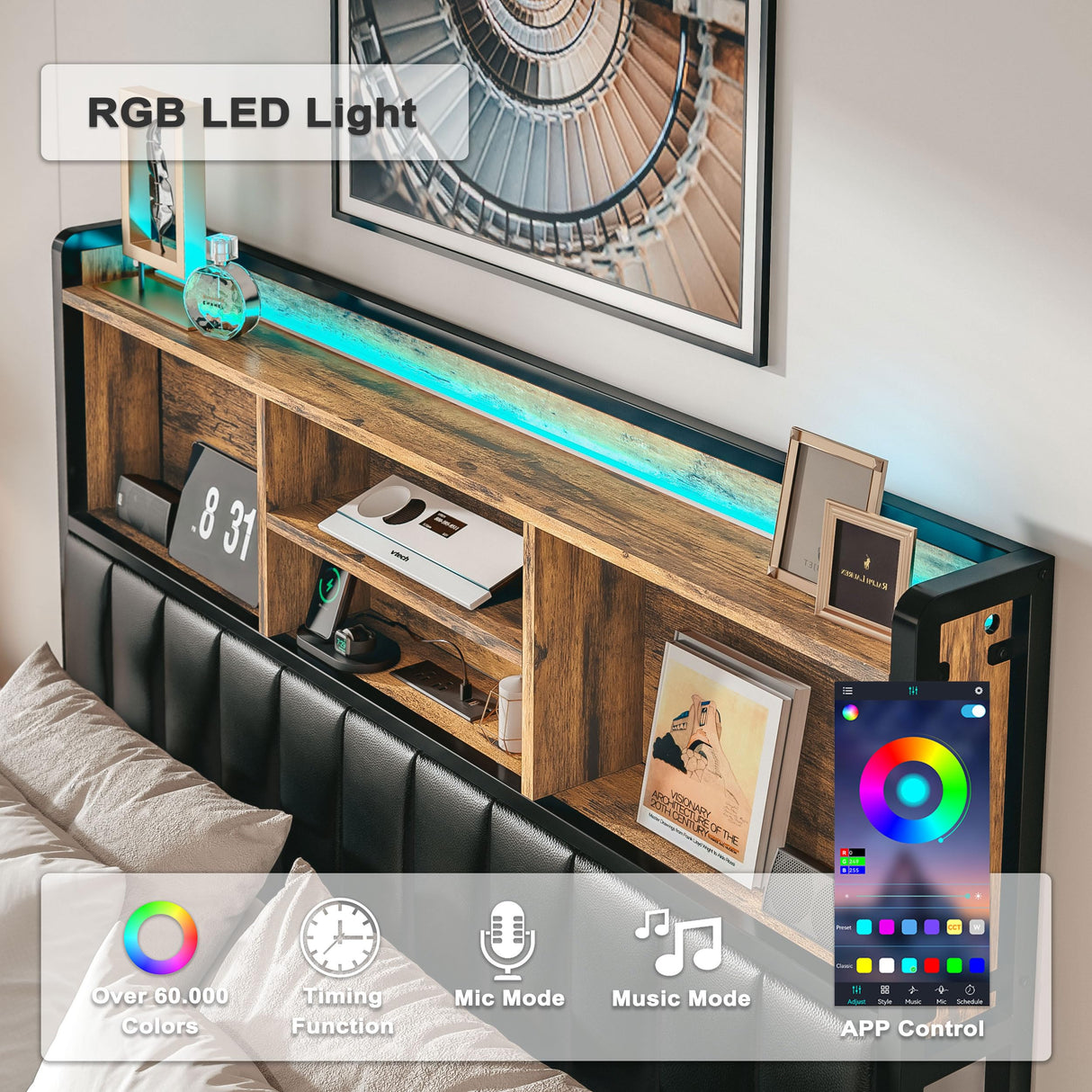 Queen Bed Frame with Upholstered Headboard and LED Light, Strong Platform Bed