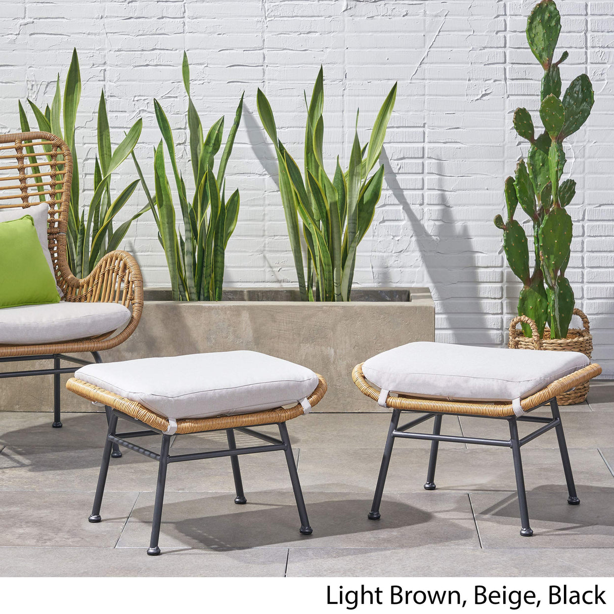 Gloria Outdoor Wicker Ottoman (Set of 2), Light Brown, Beige, and Black
