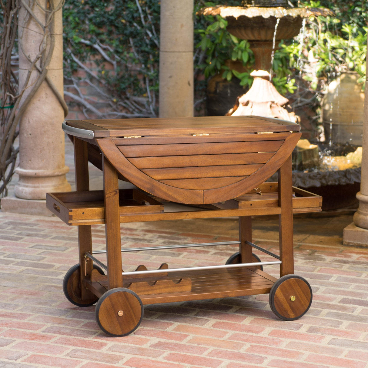 Tillary Tiller Outdoor Acacia Wood Bar Cart Aluminum Accents