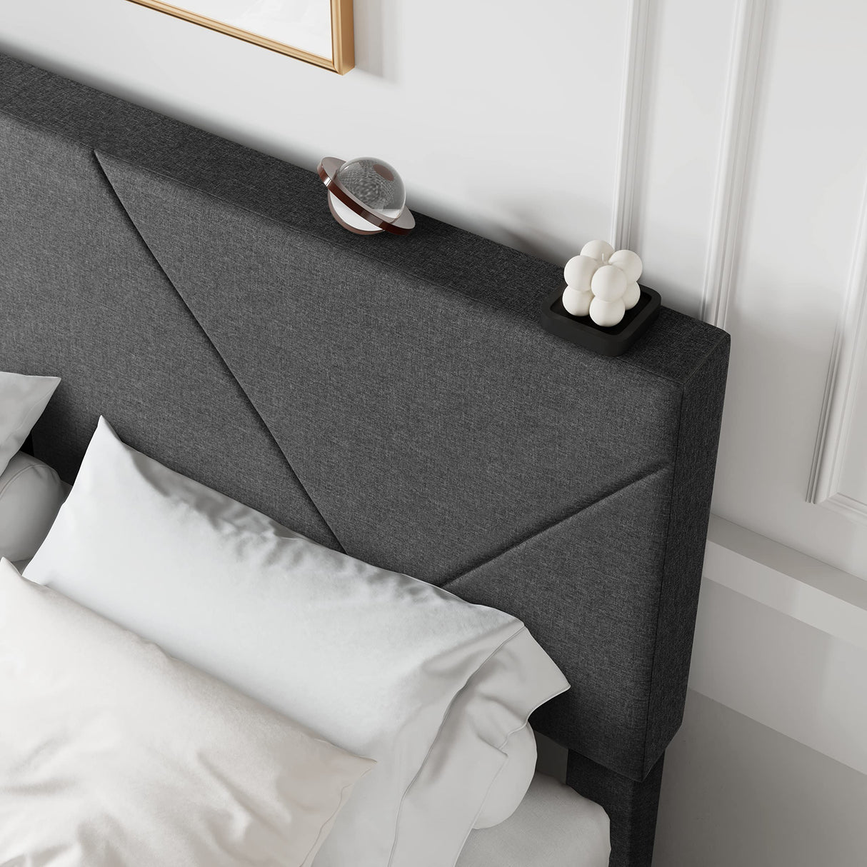 King Size Upholstered Bed Frame with Geometric Headboard, Heavy-Duty Platform Bed