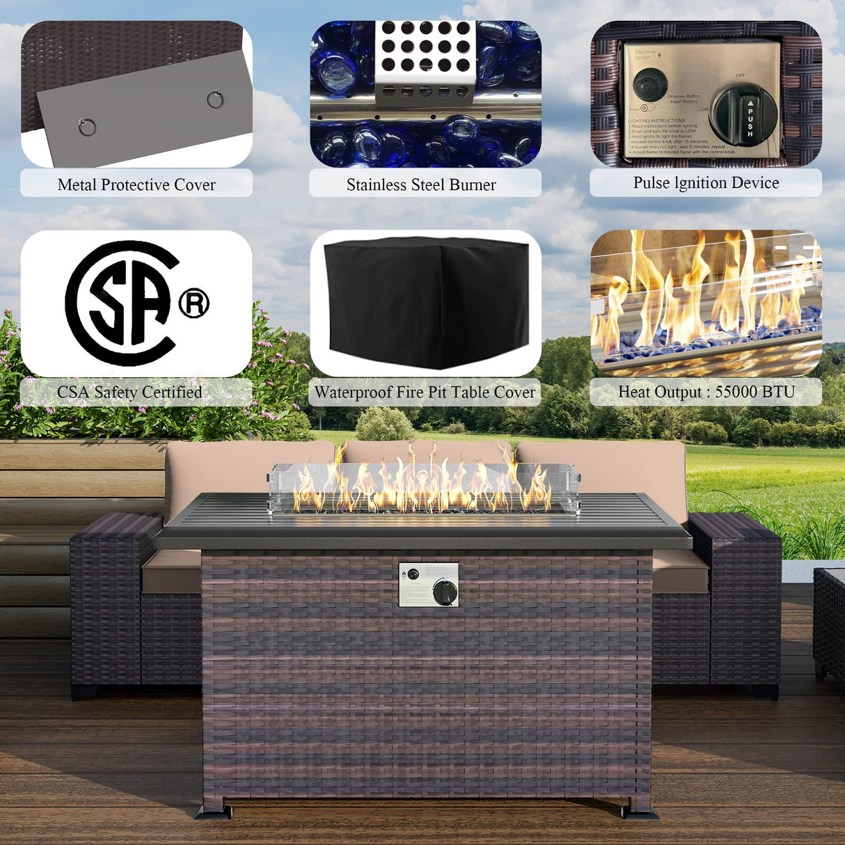 Outdoor Patio Furniture Set with Propane Fire Pit Table