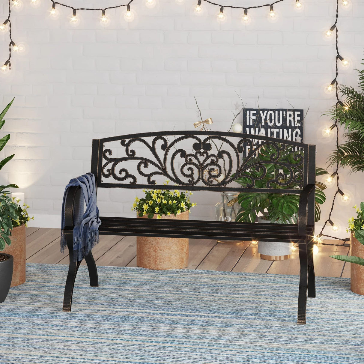 50Inch Cast Iron Steel Frame Garden Bench Patio Chair Outdoor Bench