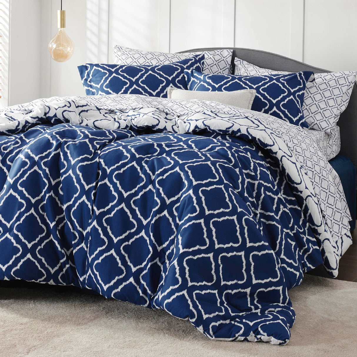 Navy Blue Quatrefoil Comforters Queen Size