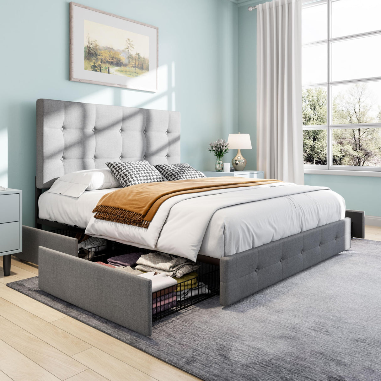 Upholstered Queen Platform Bed Frame with Adjustable Headboard