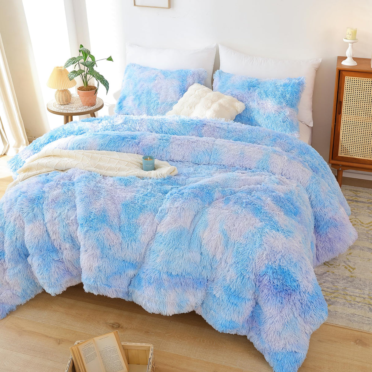 Faux Fur Comforter Queen Comforter Set Plush Comforter Tie-Dyed Colorful Blue