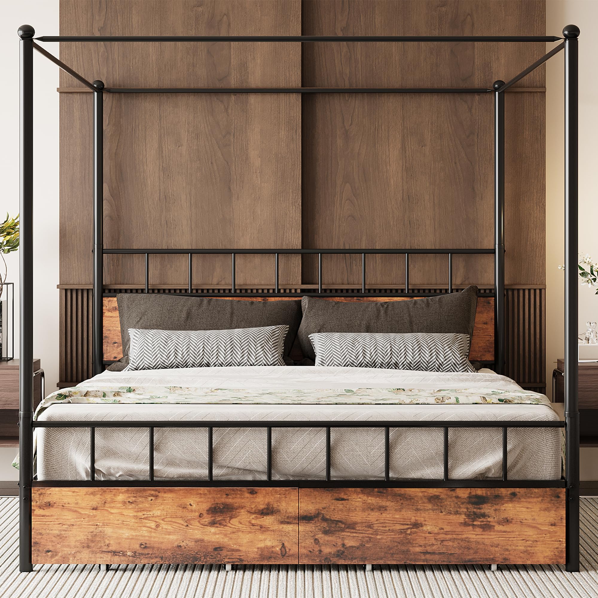 King Canopy Bed Frame with Wooden Headboard, King Size Bed Frame