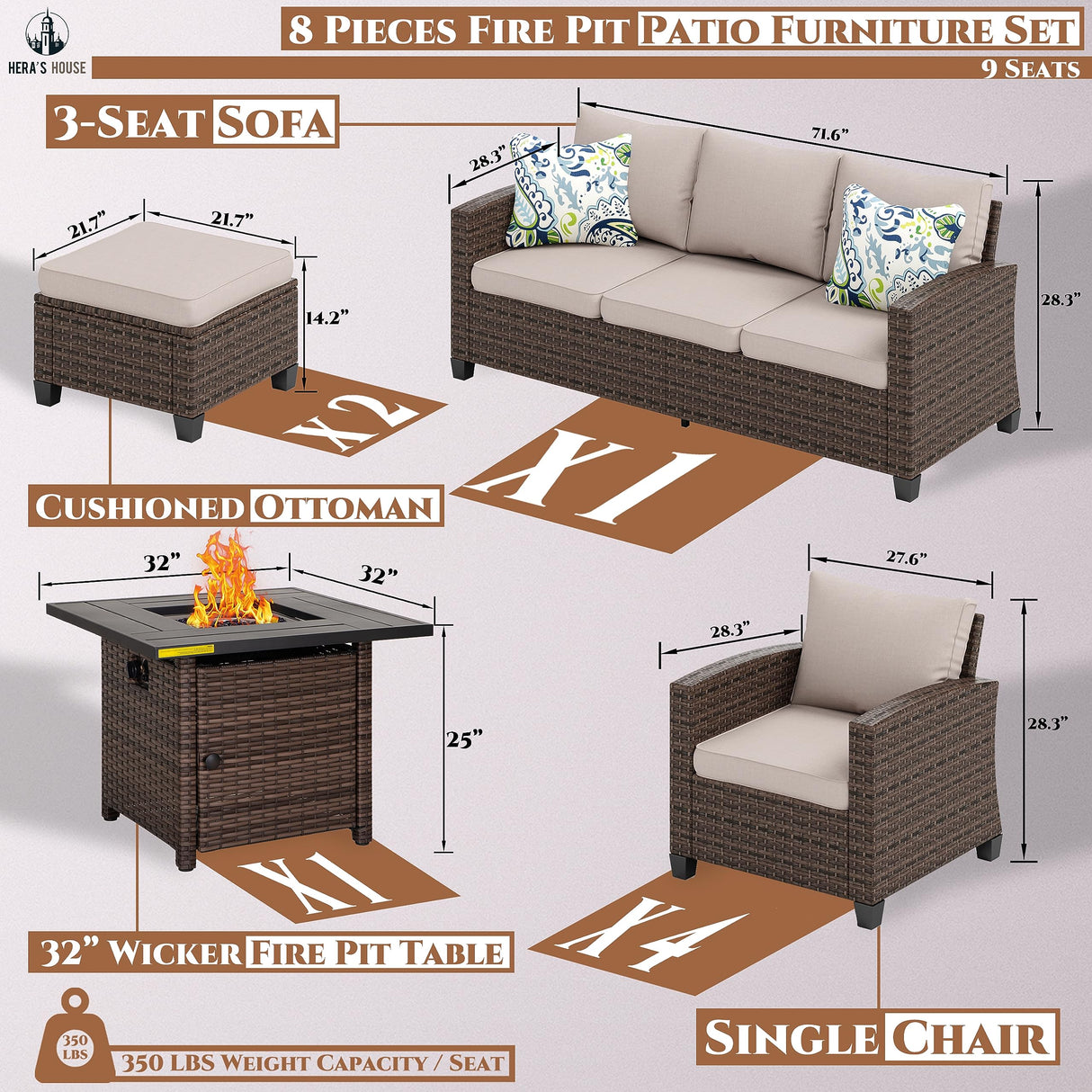 8 Pieces Wicker Patio Furniture Set with Fire Pit Table