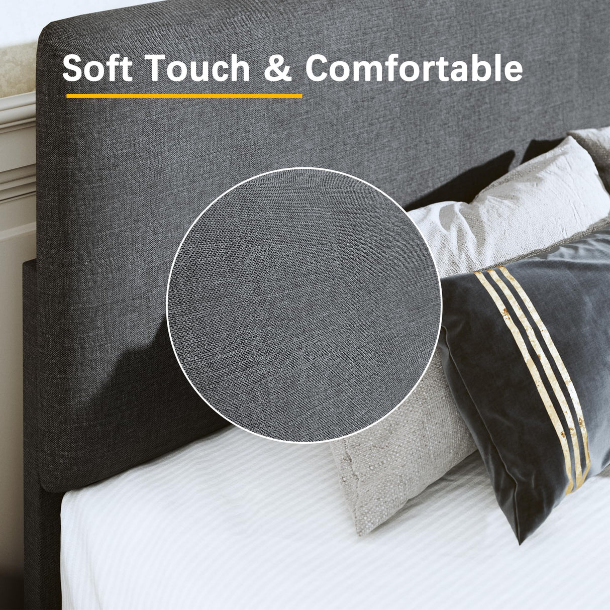 King Bed Frame with Adjustable Headboard Linen Fabric