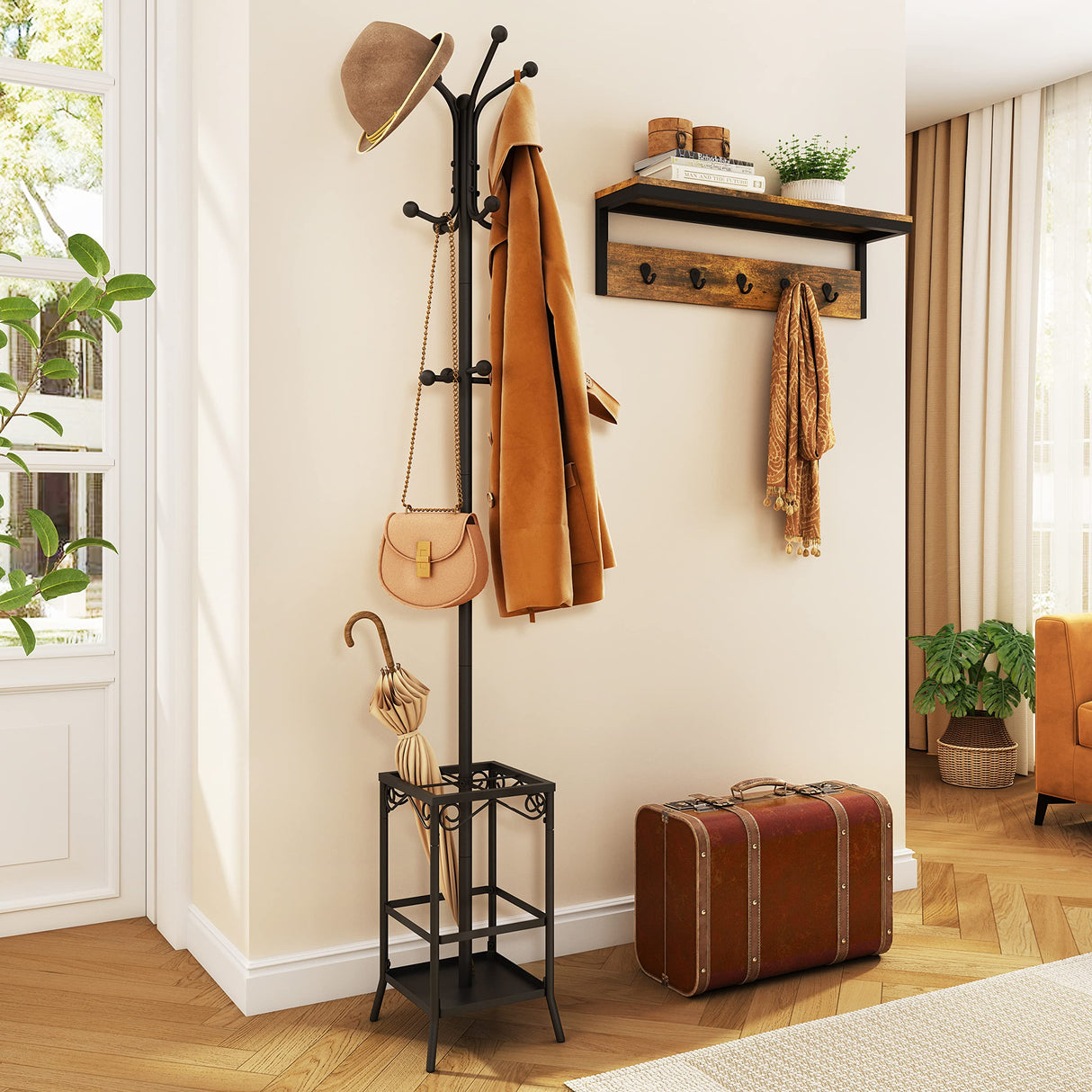 Coat Rack Freestanding, Entryway Coat Hanger Stand, Umbrella Holder
