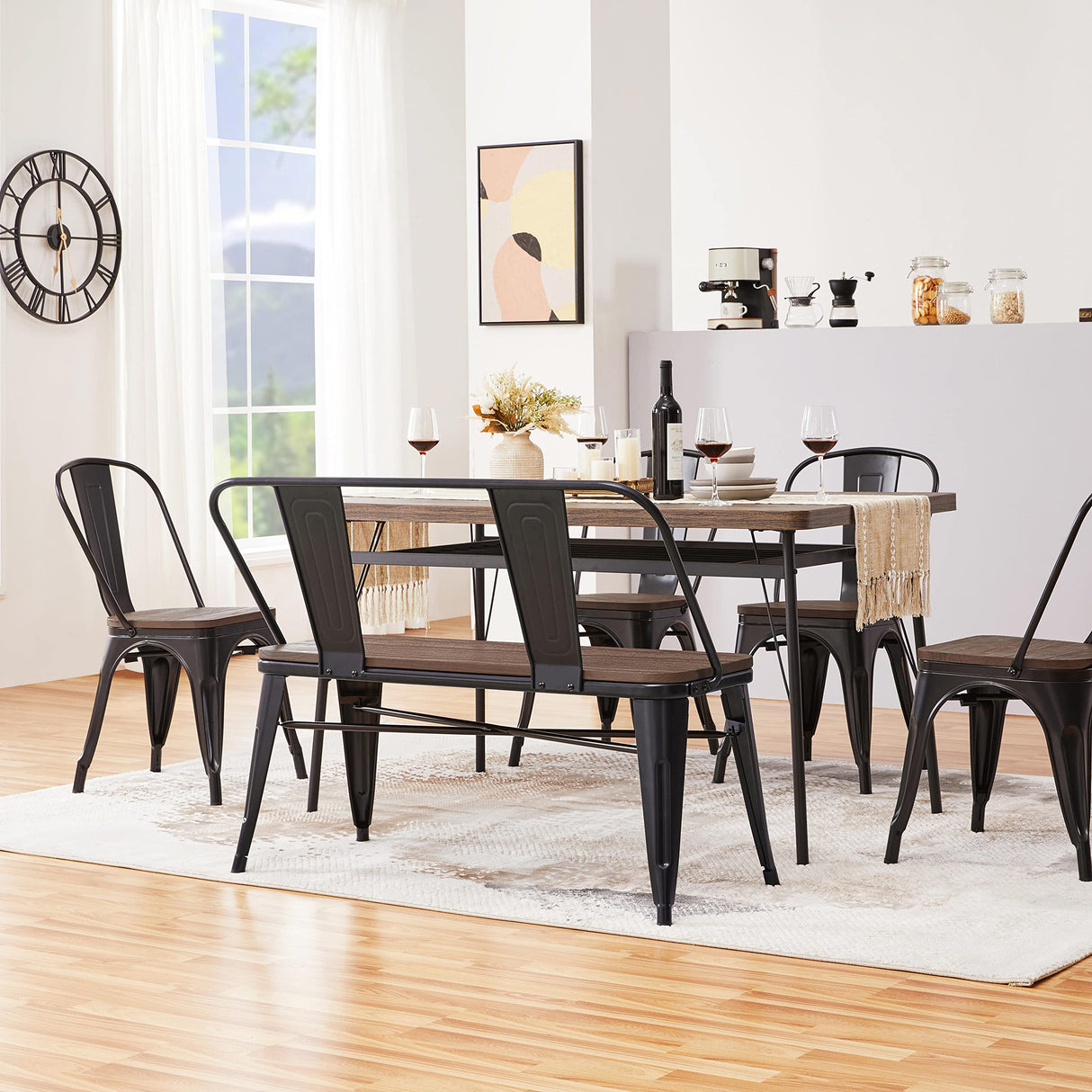 Industrial Metal Bench Mid-Century 3 Person Chair Dining Room Long Bench