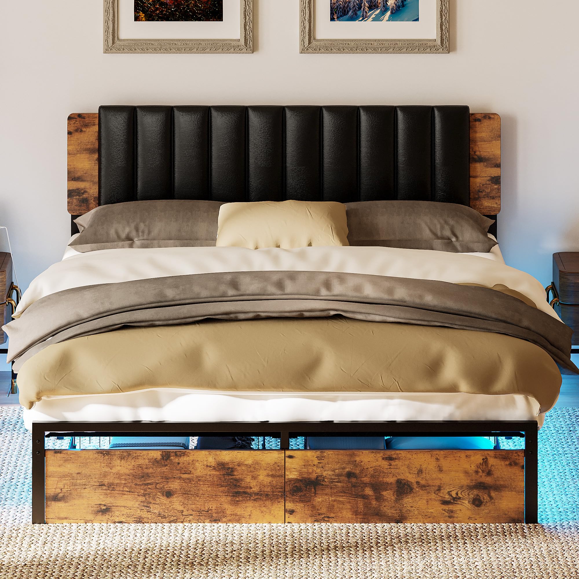 QueenSize Bed Frame with Removable PU Leather headboard & Charging Station