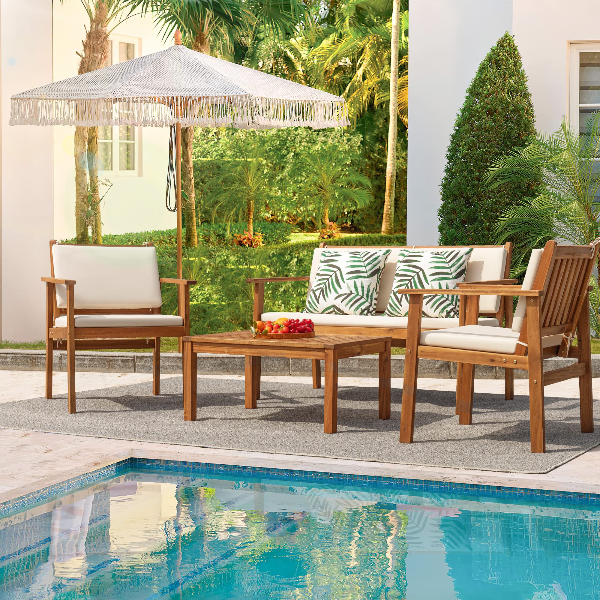 Patio Furniture 4 Piece Outdoor Acacia Wood Patio Conversation Sofa Set