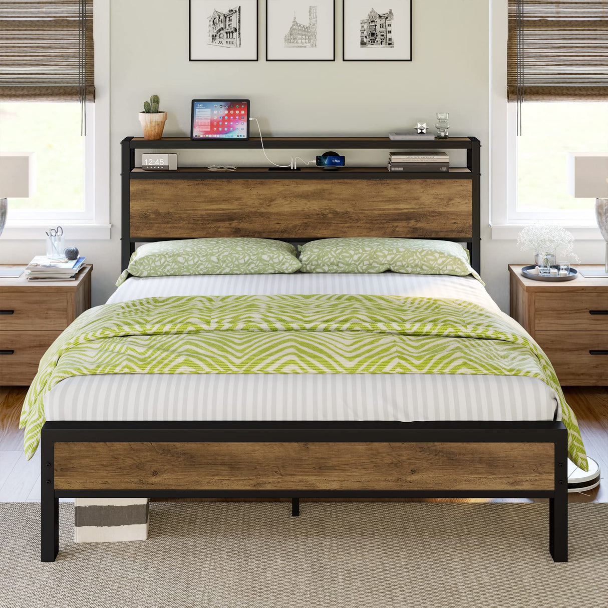 Queen Size Bed Frame, Platform Bed Frame with 2-Tier Storage Headboard and Charging