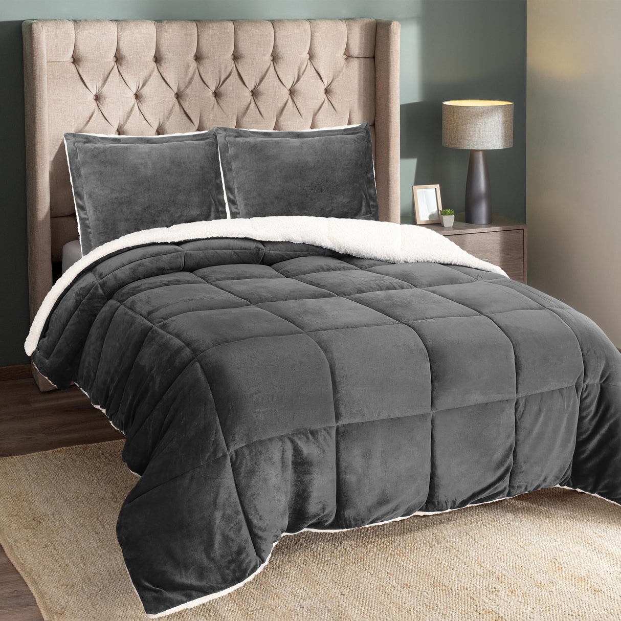 Micromink Sherpa Fleece Queen Comforter Set with 2 Pillow Shams