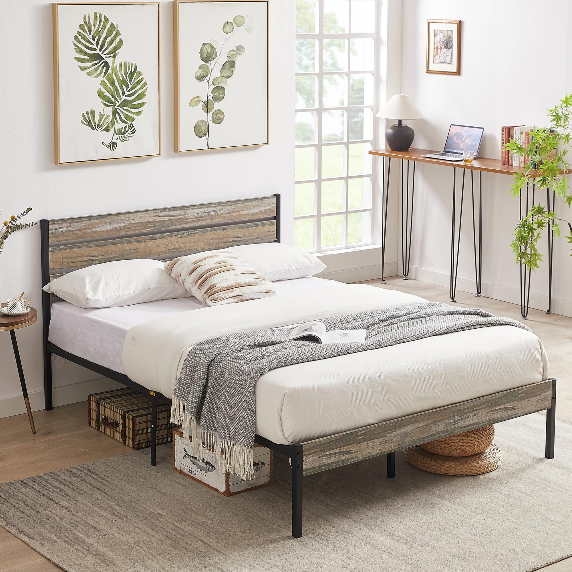 Platform Full Bed Frame with Rustic Vintage Wood Headboard and Footboard