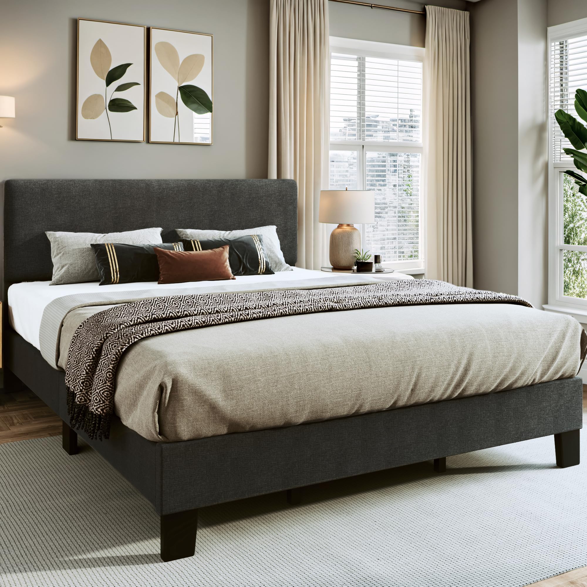 King Bed Frame with Adjustable Headboard Linen Fabric