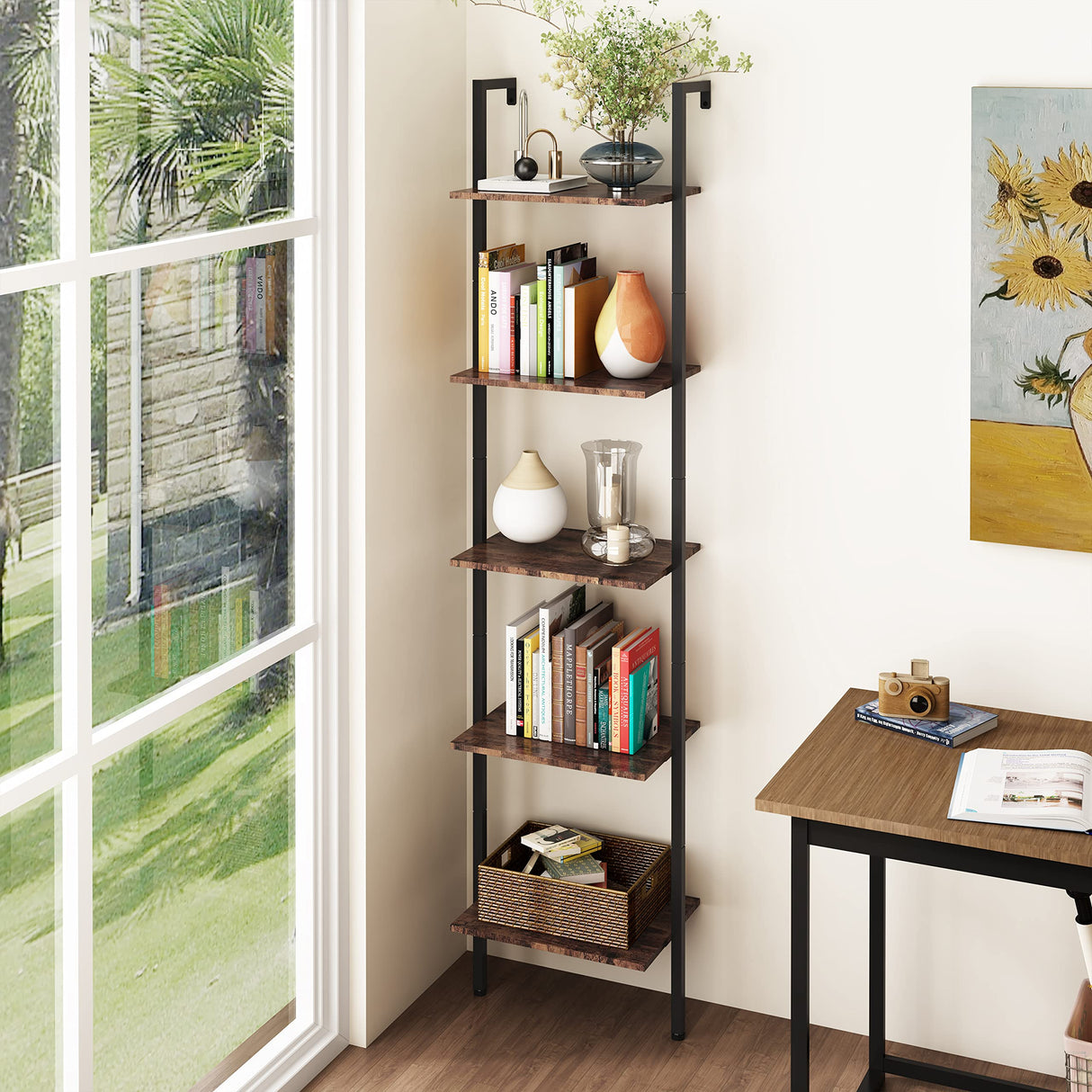 Industrial Bookcase, Ladder Shelf, 5-Tier Wood Wall Mounted Bookshelf