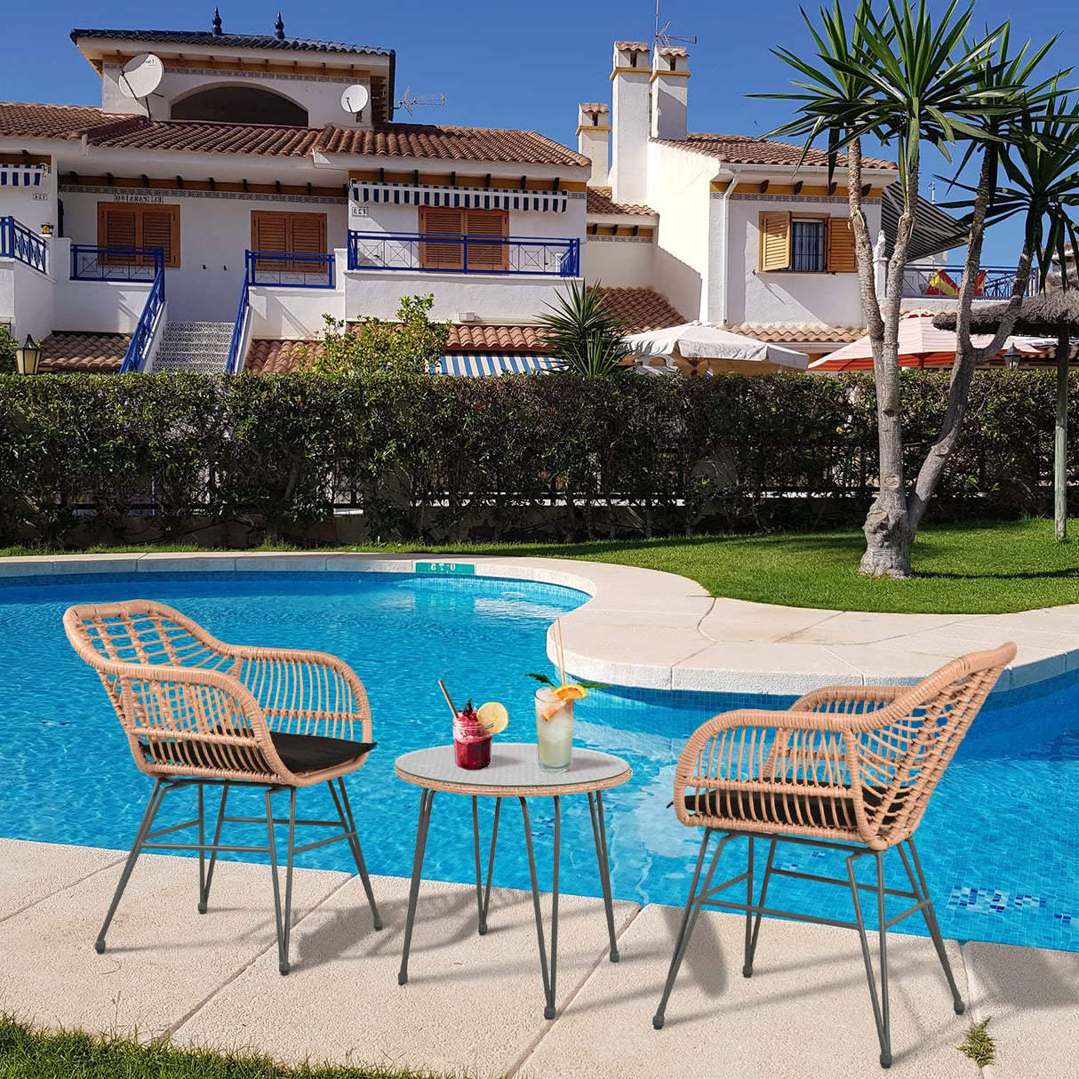 3 Piece Patio Bistro Set Outdoor Wicker Conversation Chair Sets