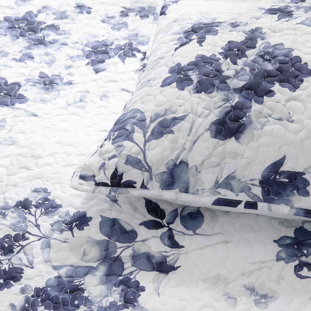 Cotton Quilt Set Queen Size Floral Quilts Navy Blue & White Bedding Sets, 3 Piece