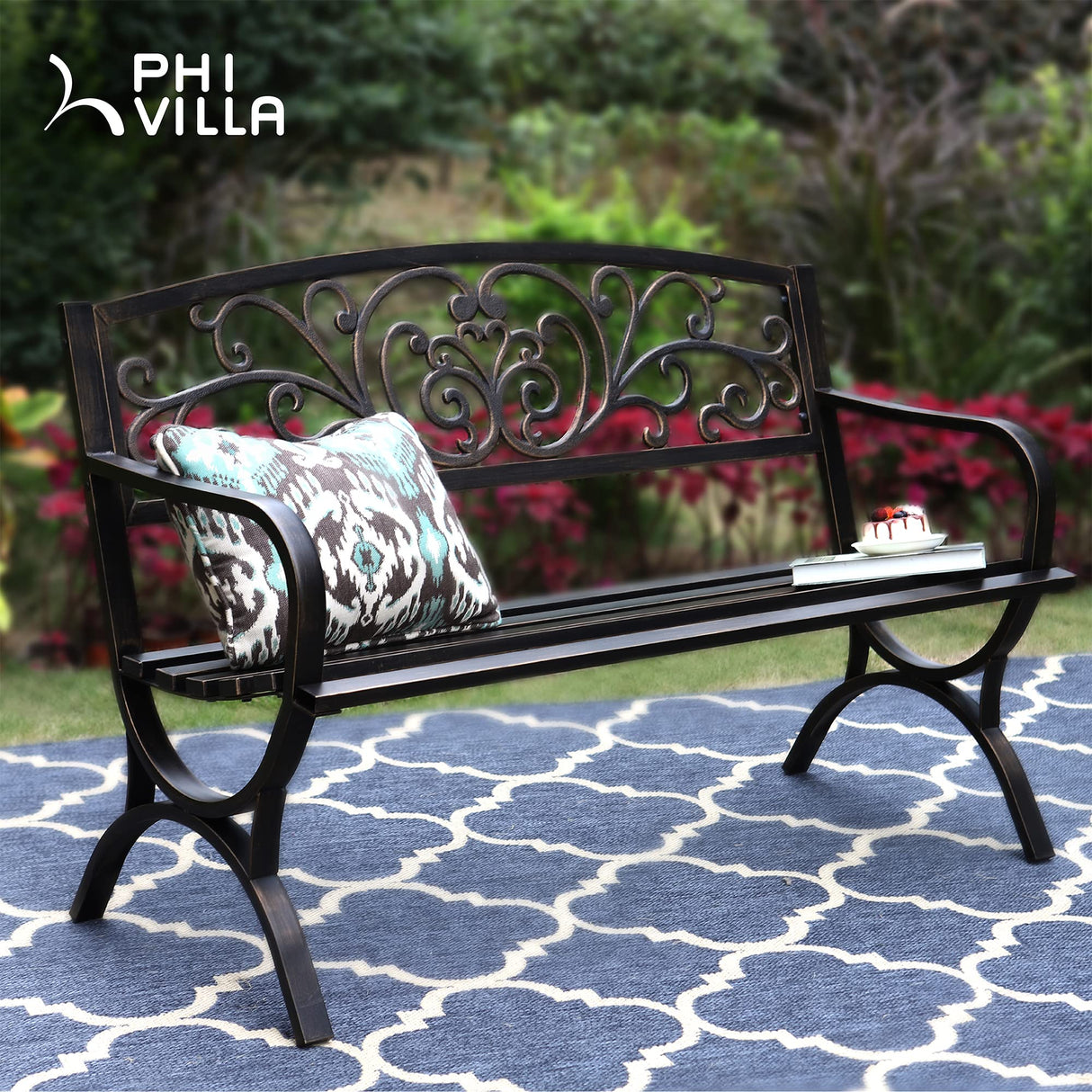 50Inch Cast Iron Steel Frame Garden Bench Patio Chair Outdoor Bench