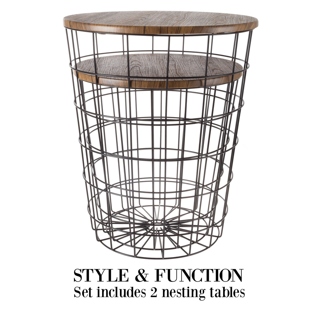 End Storage – Nesting Wire Basket Base and Wood Tops