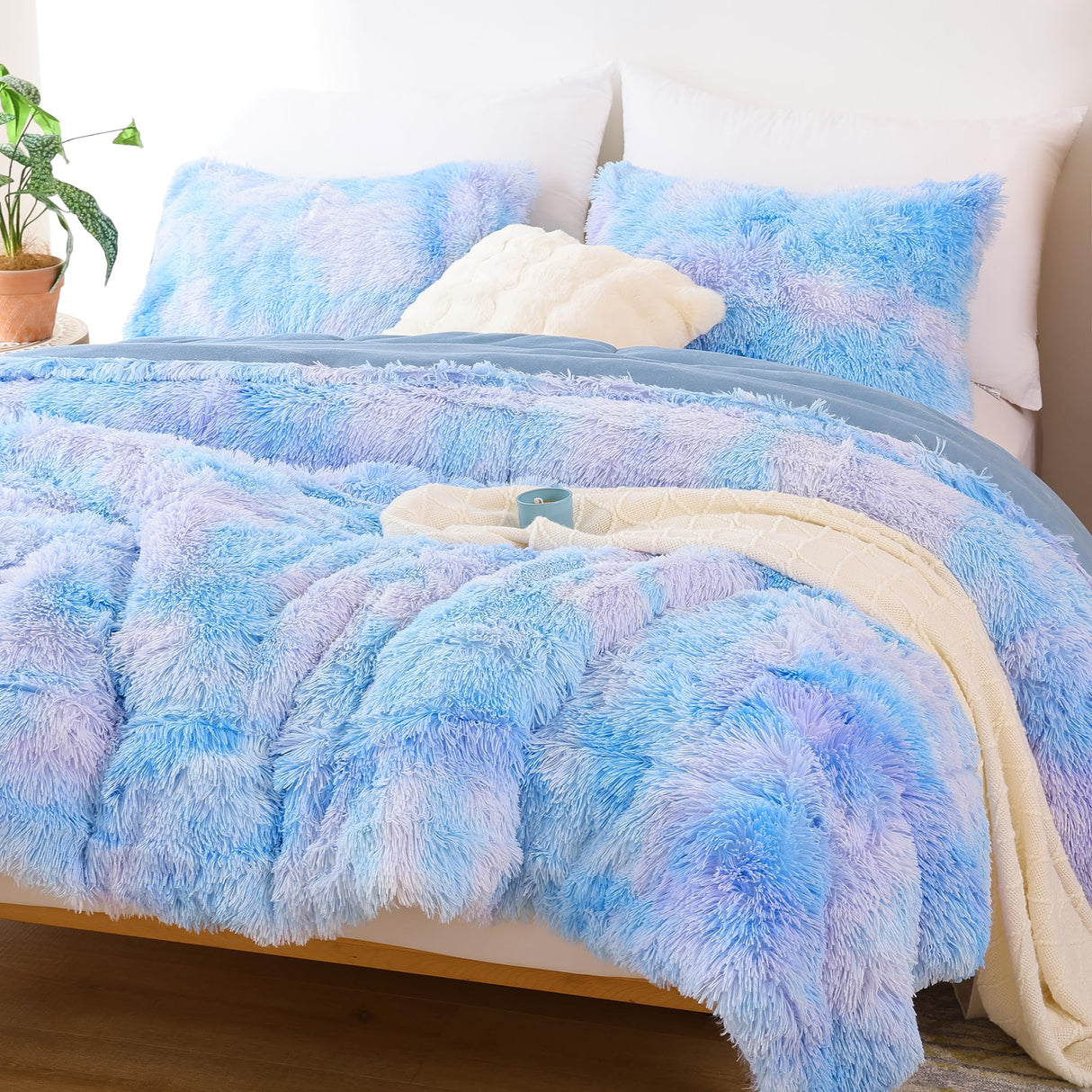 Faux Fur Comforter Queen Comforter Set Plush Comforter Tie-Dyed Colorful Blue