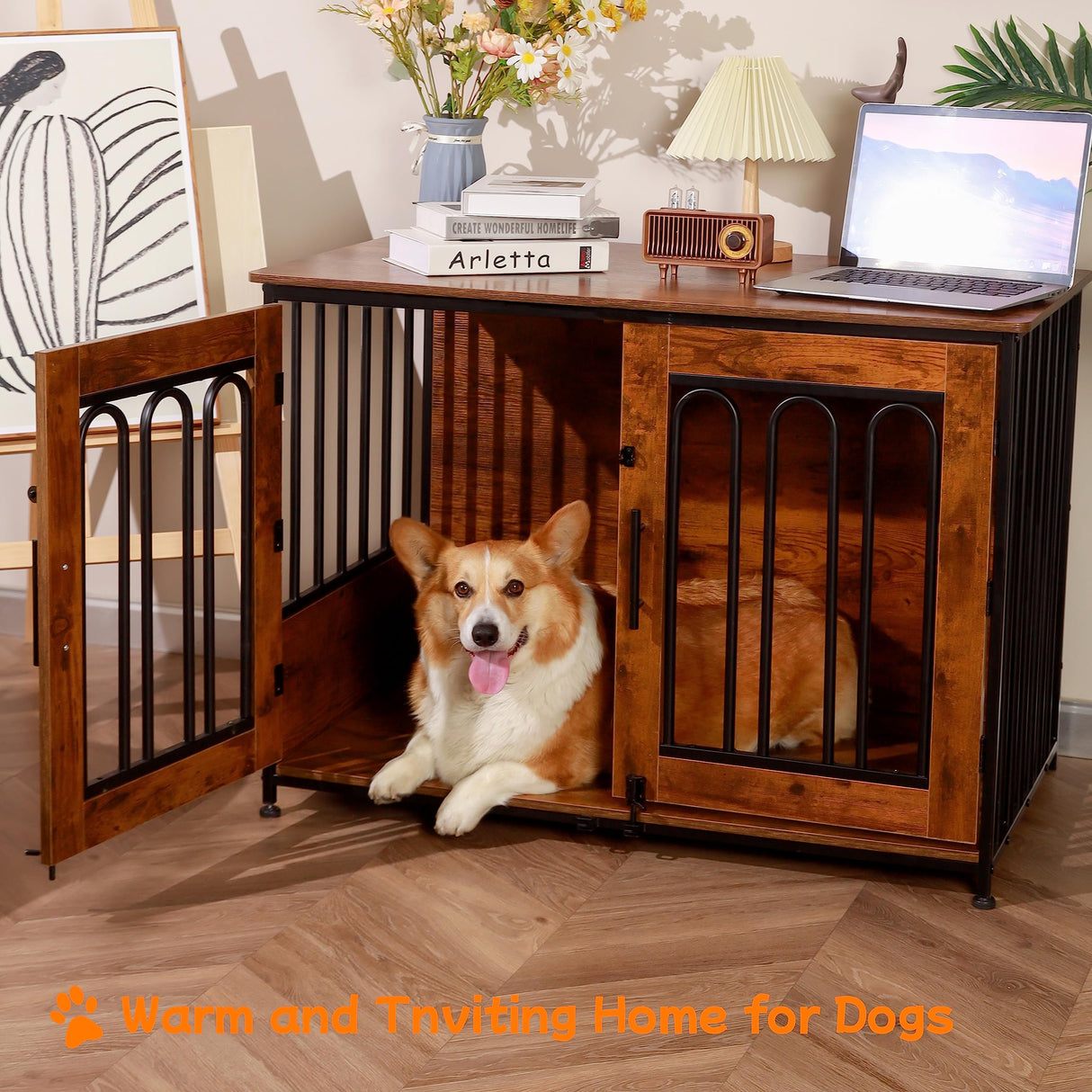 Dog Crate Furniture, 39.37" Double Doors Wooden Dog Kennel End Table, Indoor Dog House