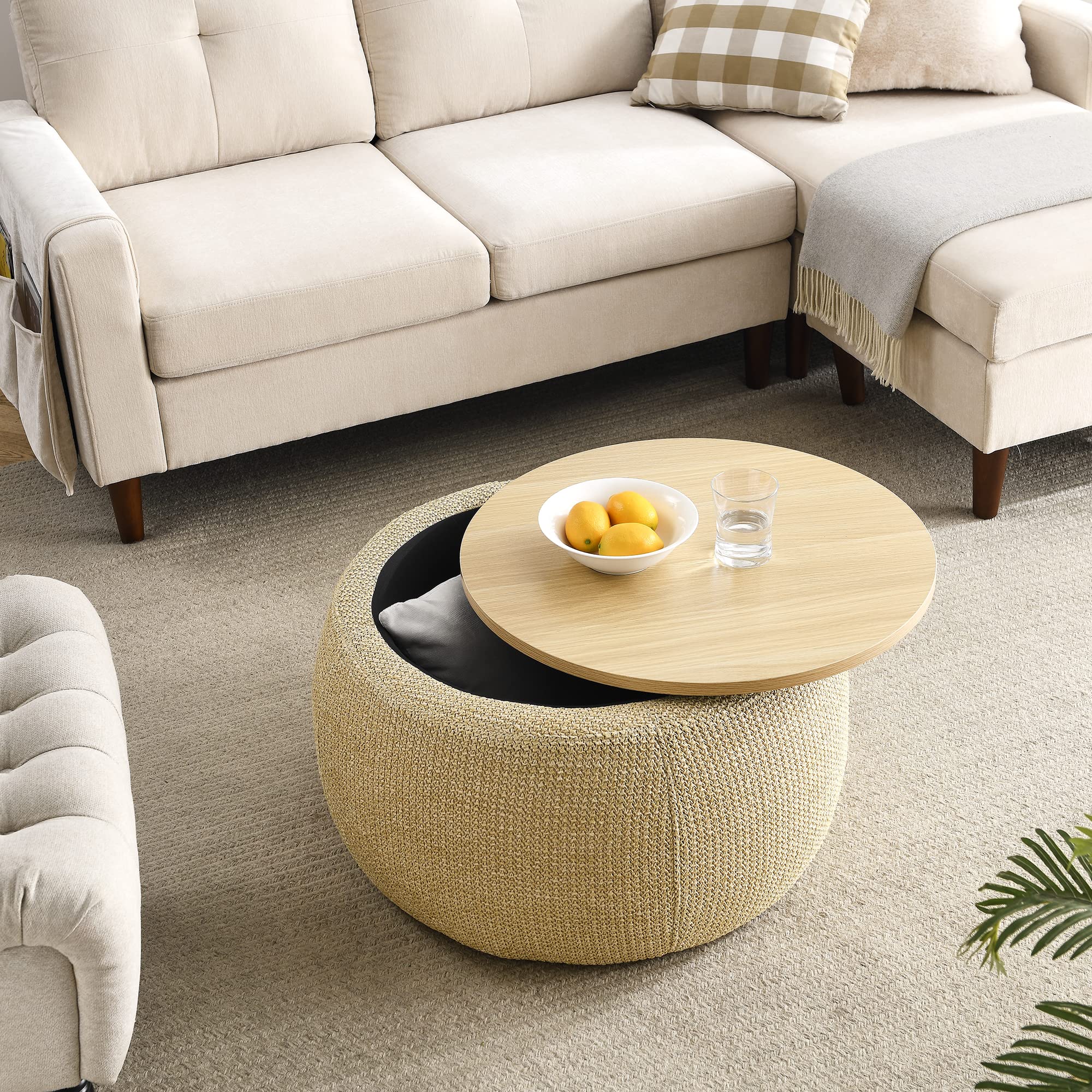 Modern Round Storage Ottoman with Wooden Lid